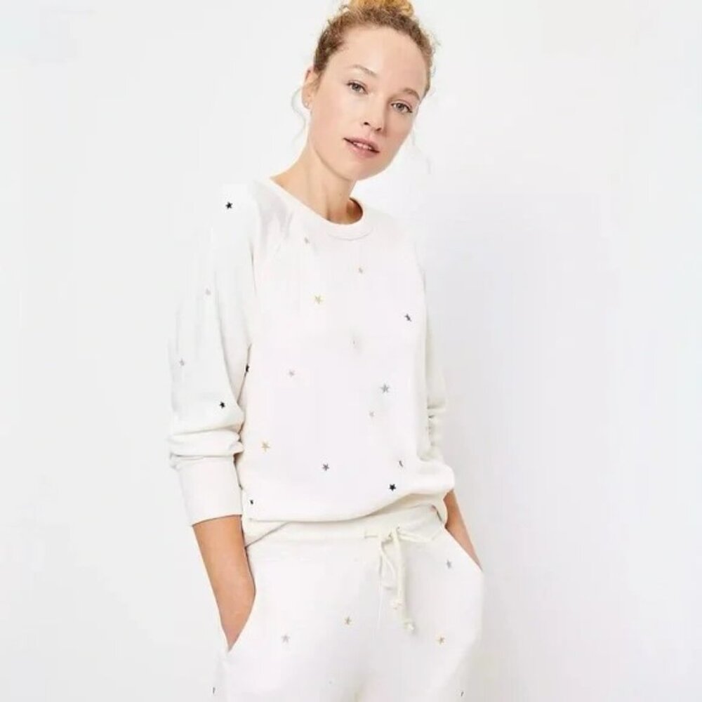Lou & Grey Embroidered Star Terry Sweatshirt White/Ivory Size Medium